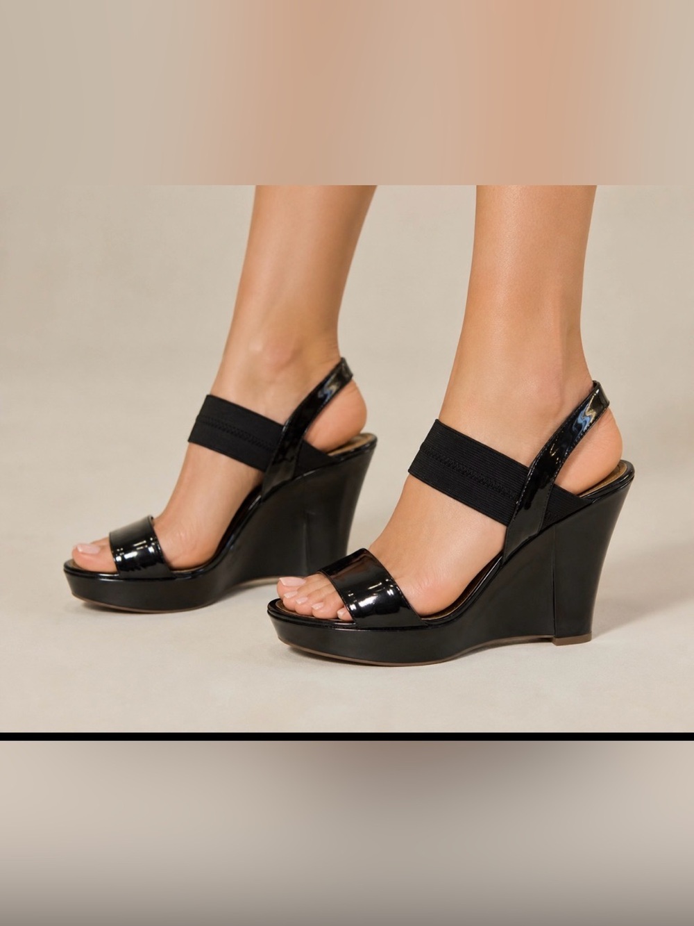 Marc Fisher Black Patent Leather Wedge Sandals Size 6.5